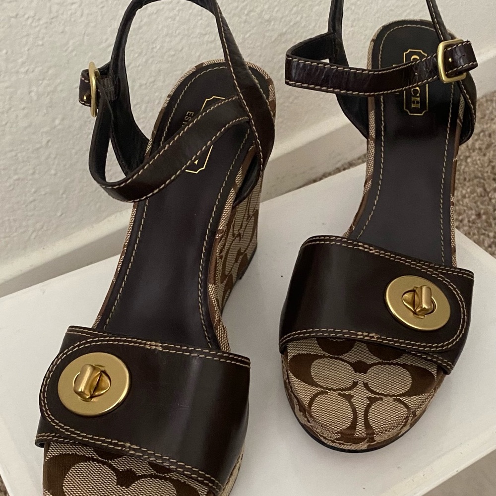 Coach Brown and Gold Wedge Sandals with Signature Monogram
